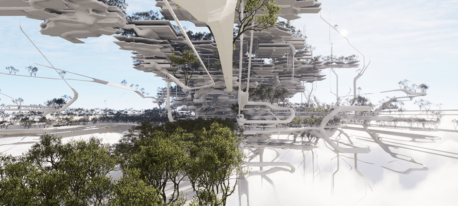 Branching, tree-like structure rising above forest and cloud