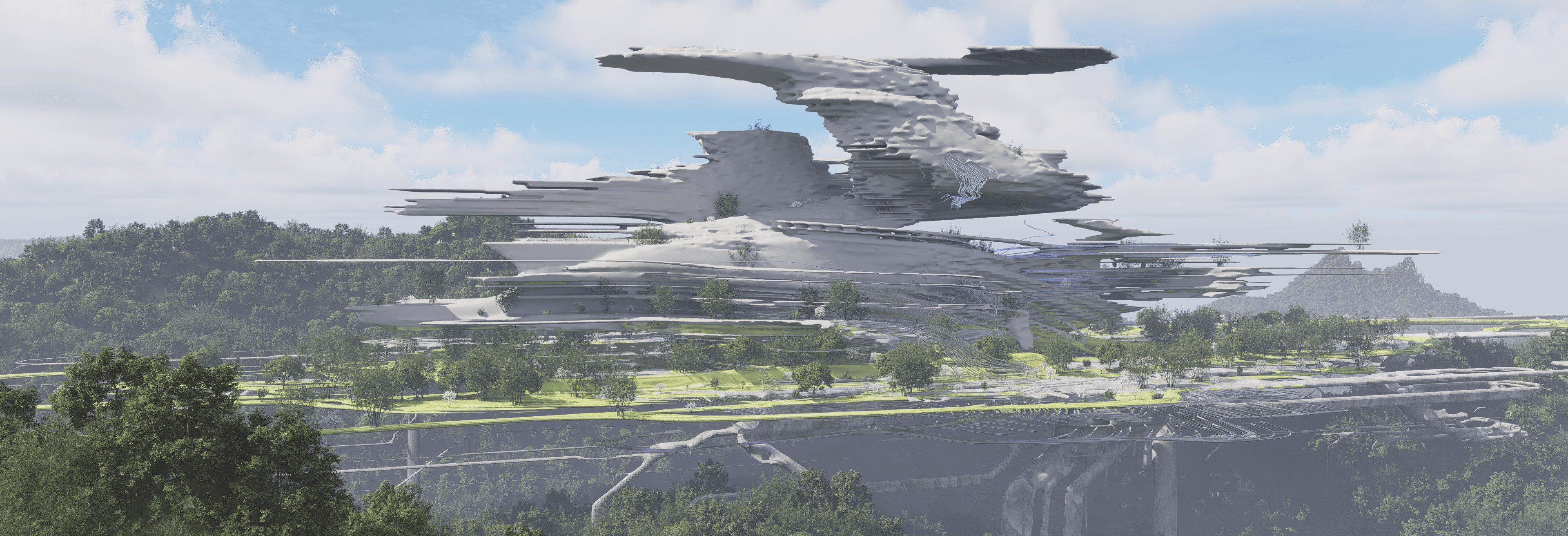 Layered megastructure floating above a forested valley